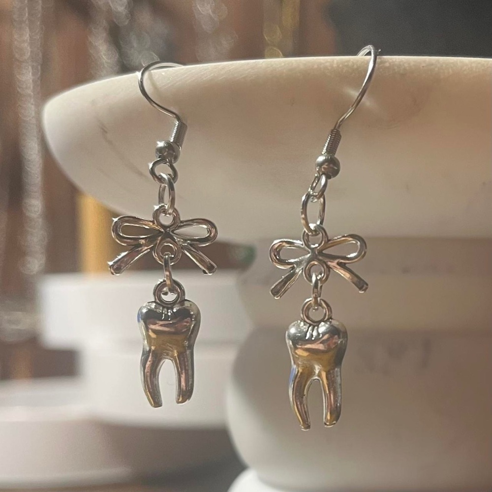 handmade y2k coquette goth mini ribbon bow and teeth fish hook dangle earrings